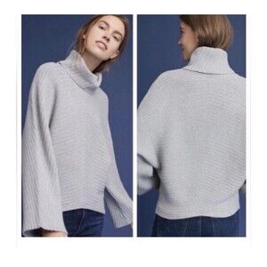 Anthropologie Moth Tisbury Turtleneck Sweater Ribbed Gray Dolman Sleeve Sz XS